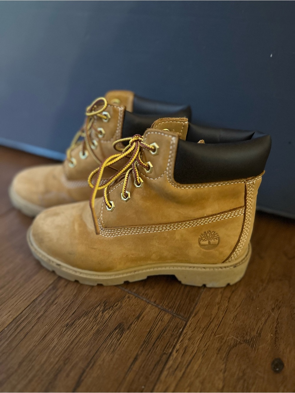 Timberland Kids Wheat Nubuck Ankle Boots with Black Collar and Yellow Laces
